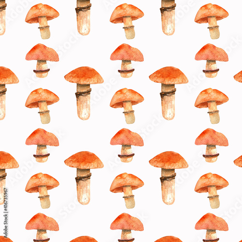 Seamless pattern with mushrooms.Cortinarius caperatus.Watercolor hand painted on white background