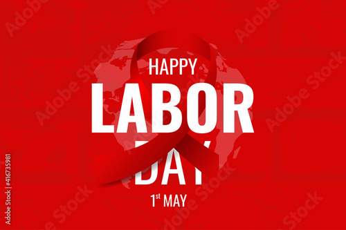 Happy labour day brick wall texture with red ribbon and text on red background. First may labor day banner, poster, greeting card, flyer. Socialism international mayday placard. Vector illustration