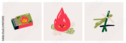 A box of matches, campfire, firewood, cartoon style. Bonfire character. Hike. Ready-made cards. Flat vector illustration isolated on a white background