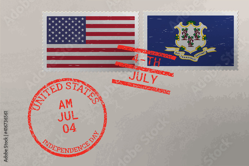 Postage stamp envelope with Connecticut and USA flag and 4-th July stamps, vector.