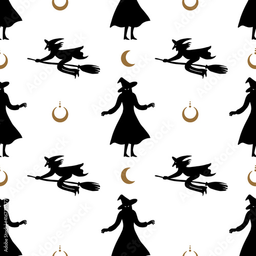 Seamless pattern with black witch and gold crescent on a white background. Backgrounds and wallpapers for invitations, cards, fabrics, packaging, textiles. Vector illustration. 