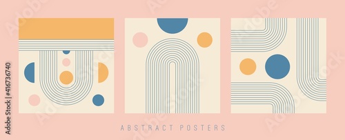 Set of three Abstract Backgrounds. Colorful modern Posters. Circles, Lines, Curves. Geometrical Design. Minimalistic boho elegant concept. Square Patterns. Every poster is isolated