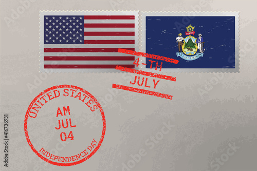 Postage stamp envelope with Maine and USA flag and 4-th July stamps, vector.