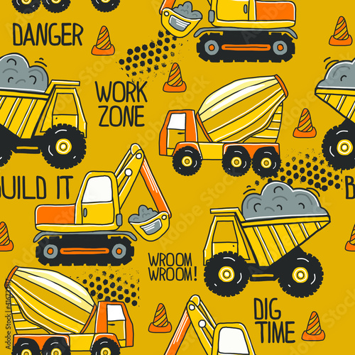 seamless pattern with Hand drawn construction machines . Kids background for  textile,  fashion, wrapping paper, graphic tees
