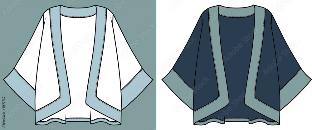 Kimono Jacket flat sketch. Japanese kimono cardigan. Kimono Jacket design technical drawing vector Stock Adobe Stock