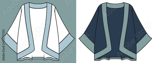 Kimono Jacket flat sketch. Japanese kimono cardigan. Kimono Jacket design technical drawing vector