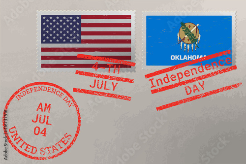 Postage stamp envelope with Oklahoma and USA flag and 4-th July stamps, vector.
