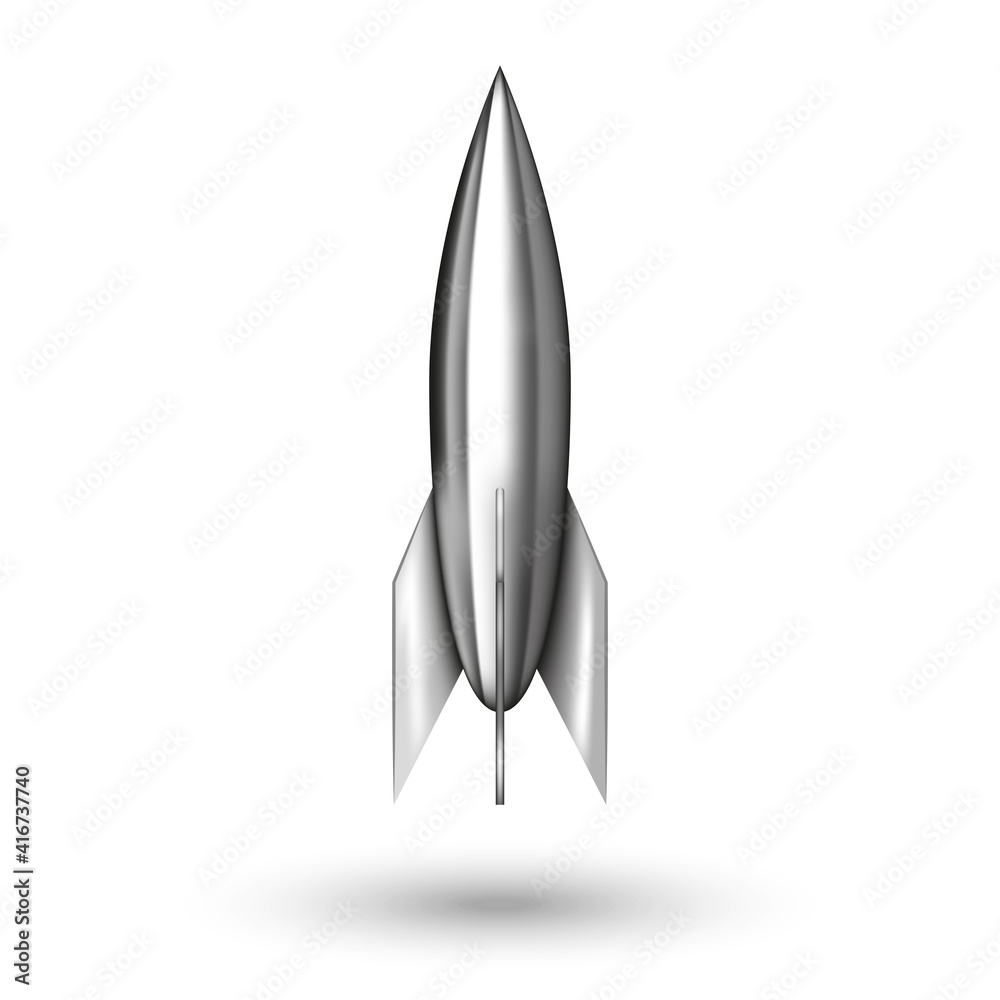 Small toy shiny metallic rocket isolated on white, silvery spaceship 3d model mockup. Small toy shiny metallic rocket isolated on white, silvery spaceship 3d model mockup.