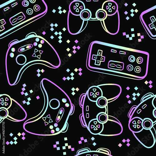 seamless abstract pattern in pixel game style. With dice, words, for boys. Textiles, print, t-shirts, web