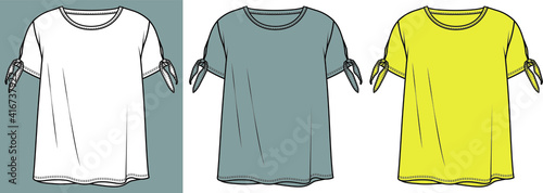KNOT DETAIL T SHIRT DESIGN. T Shirt Fashion Flat Sketch, apparel template.