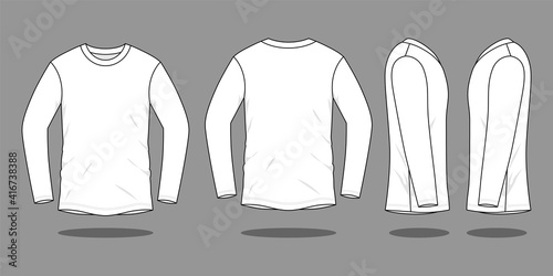 Blank white long sleeve t-shirt template on a gray background. Front, back and side views, vector File photo