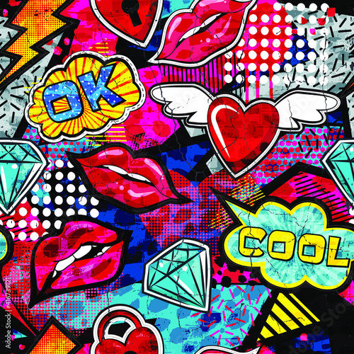 hand drawn fashion girls pattern. Colourful modern teenagers background with graffiti elements, stickers. girlish  print for textile, clothes, wrapping paper.