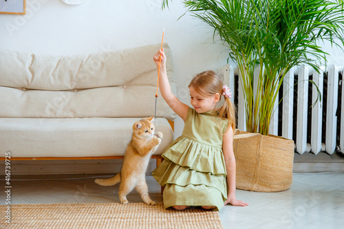 little girl playing with cat at home