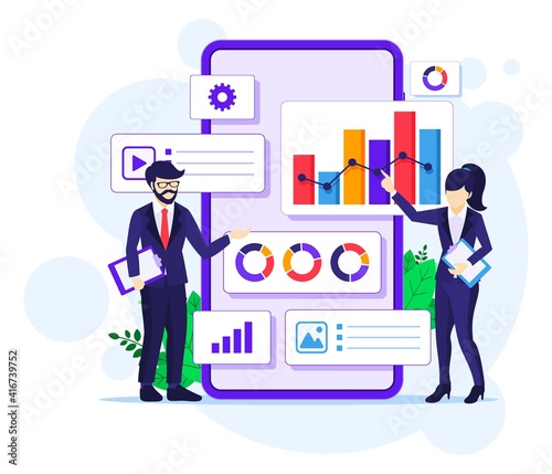 Business data analysis concept, People work in front of a big mobile phone. Auditing, Financial consulting flat vector illustration