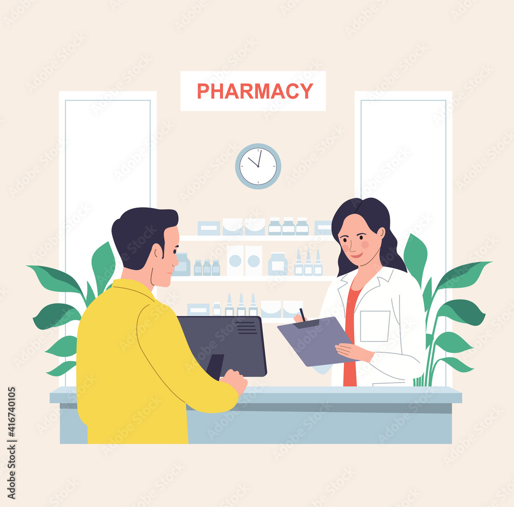 Man buys medicines at a pharmacy.Vector flat style cartoon illustration. Man buys medicines at a pharmacy.Vector flat style cartoon illustration.