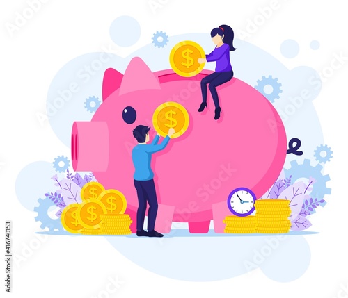 Investment concpet illustration, People putting money into a giant piggy bank, money-saving flat vector illustration