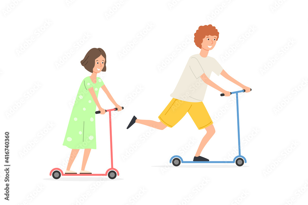 Happy kids ride scooters outdoors. A boy and a girl spend their free time actively. Vector illustration isolated on white background Happy kids ride scooters outdoors. A boy and a girl spend their free time actively. Vector illustration isolated on white background