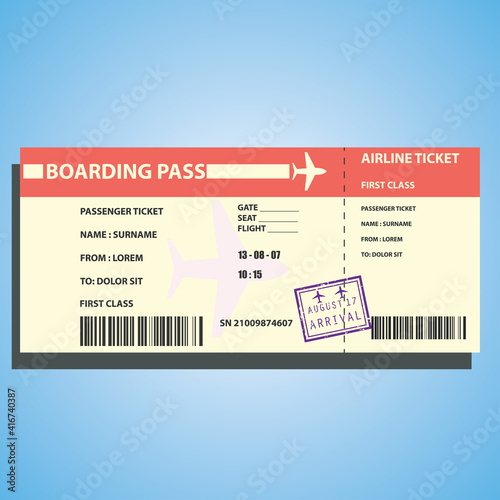 airline boarding ticket for traveling by plane with approval stamp. vector illustration