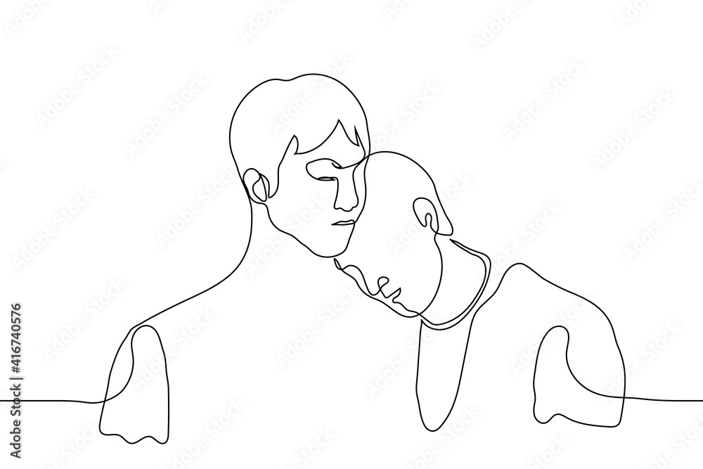 Obraz premium two men are standing side by side, one of them bowed his head on the other - one line drawing. The concept of moral support, experience of joint loss and grief, skinship, touch of family, lovers