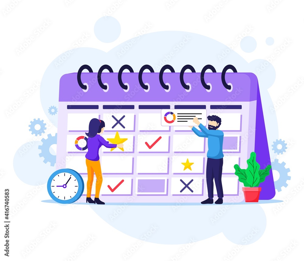 Business planning concept, People filling out the schedule on a giant calendar, work in progress vector illustration