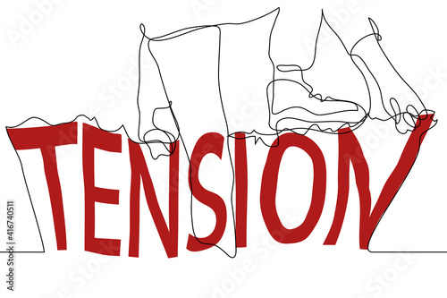 man is climbing a wall from the word "TENSION" - one line drawing. the concept of a tense environment, an increase in the tension of a discussion, in a relationship, a physical