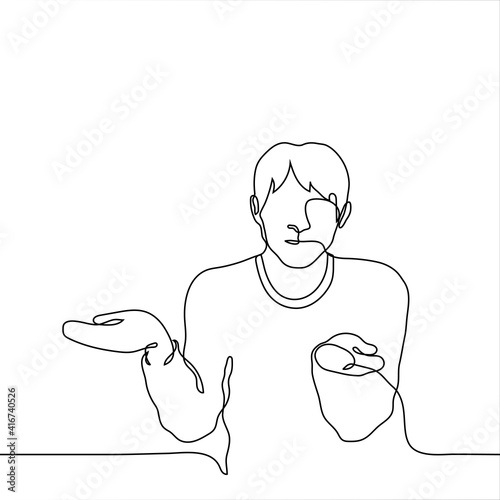 man sits and spread his arms to the side of his emotion - confusion, ignorance, misunderstanding of the situation or surprise - one line drawing.