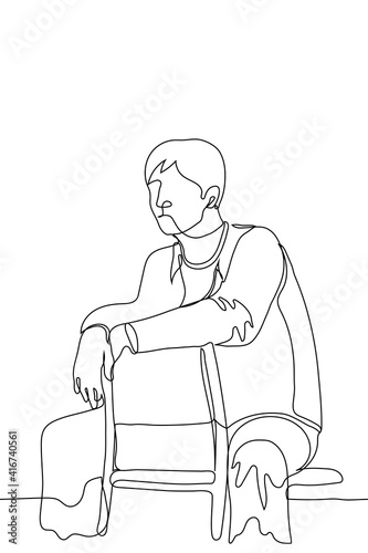 man sits incorrectly on the chair, the guy turned the chair back  and sat with his legs apart. He folded his arms over the back of the chair - one line drawing. Informal chair sitting