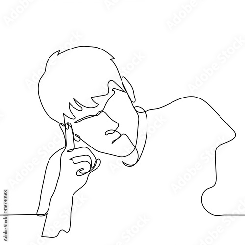 man props his temple with his index finger, he thinks intensely - one line drawing. Face line art, concept of thinking, decision making, brainstorming,