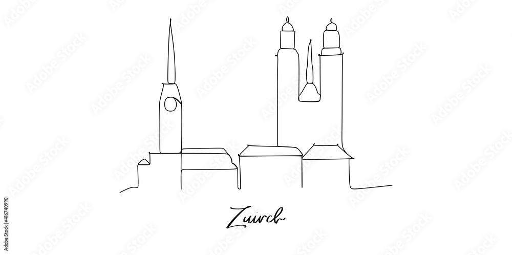 Zurich of switzerland Landmarks skyline - Continuous one line drawing