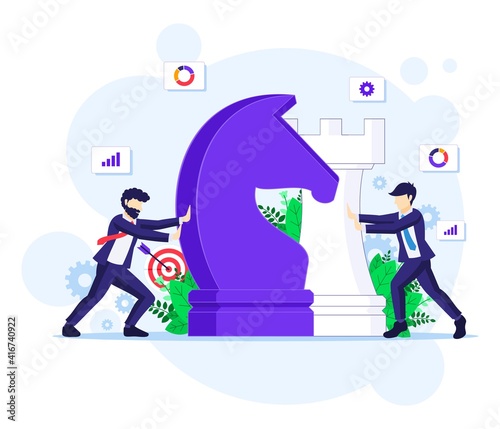 Business strategy concept with businessmen moving giant chess pieces. Strategic planning and tactics in business illustration