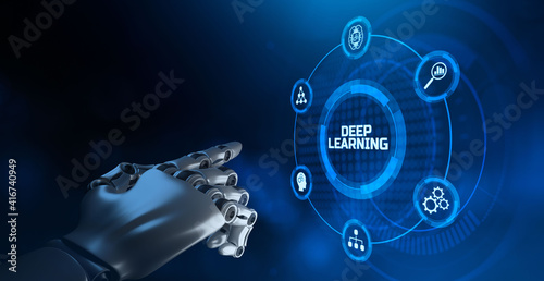 Deep learning artificial intelligence innovation technology concept. Robotic arm 3d rendering.