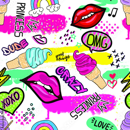 hand drawn fashion girls pattern. Colourful modern teenagers background with graffiti elements, stickers. girlish  print for textile, clothes, wrapping paper.