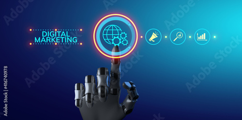 DIgital marketing Online advertising internet Analytics concept. Robotic arm 3d rendering. photo