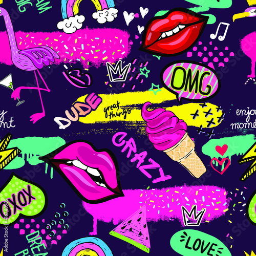 hand drawn fashion girls pattern. Colourful modern teenagers background with graffiti elements, stickers. girlish  print for textile, clothes, wrapping paper.