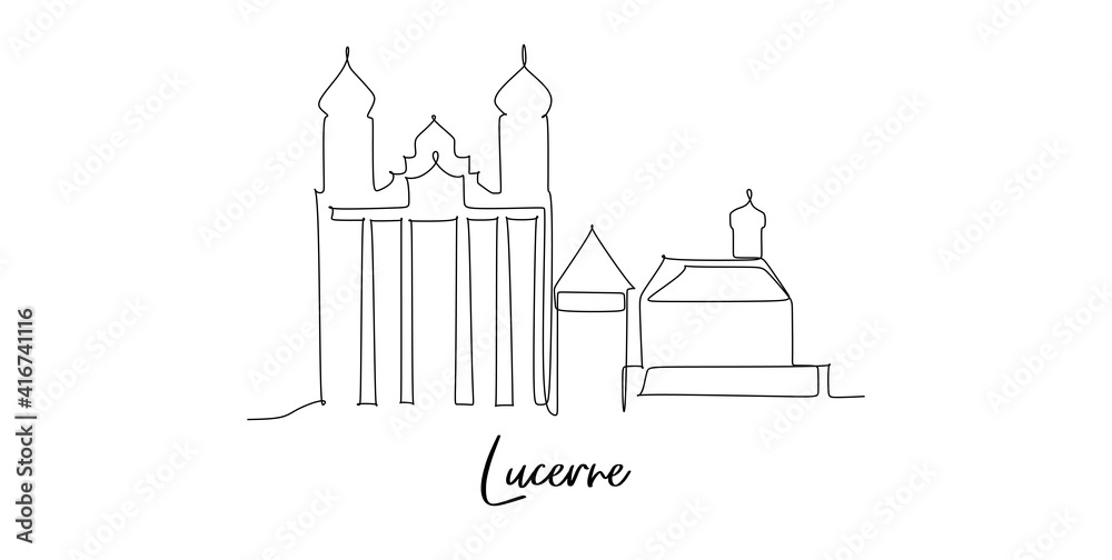 Lucernce city of the Switzerland landmarks skyline - Continuous one line drawing