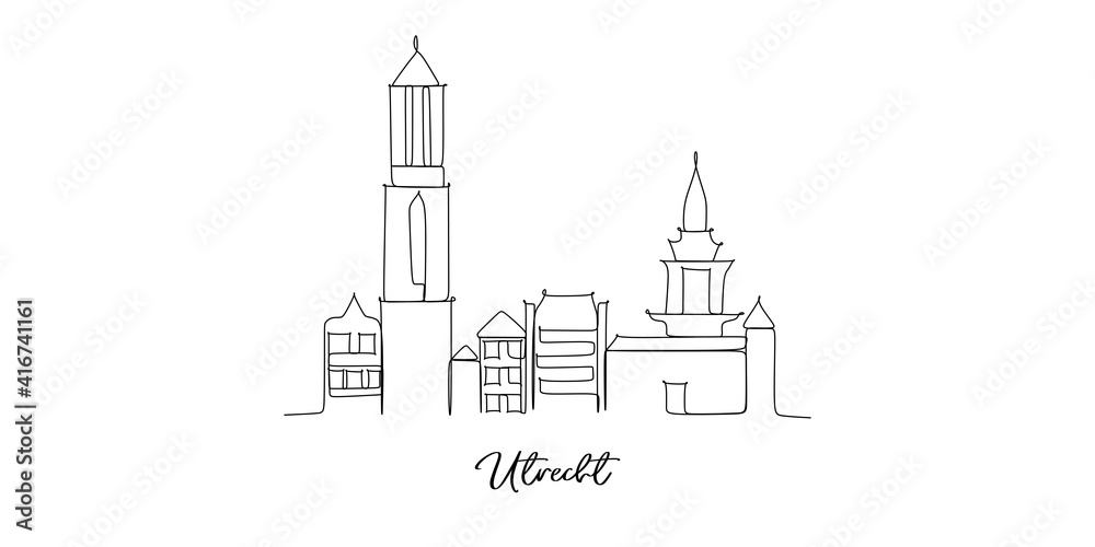 Utrecht city of the Netherlands landmarks skyline - Continuous one line drawing