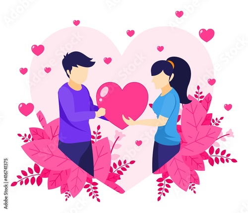 A man is expressing love by giving a heart symbol to a woman. Valentine Day Celebration. Man and Woman in Relations illustration