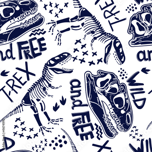 Seamless  Dino pattern, print for T-shirts, textiles, wrapping paper, web. Original design with t-rex,dinosaur skeleton.  grunge design for boys . 