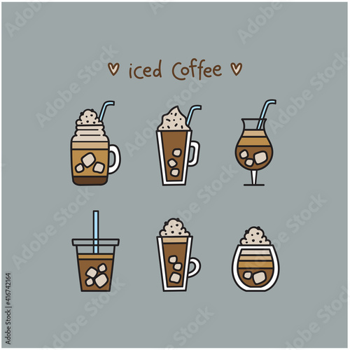 Set of iced coffee in different mugs and glassed tumblers. Vector elements isolated on gray background for advert, menu, social media, or banner. Hand-drawn illustration in doodle style.