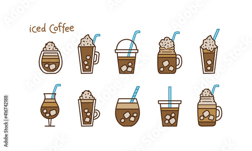 Different types of iced coffee in mugs and glassed tumblers. Vector illustration set in doodle style. Hand-drawn colored elements isolated on white background for menu, advert or print. 