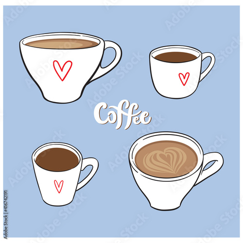 Set of vector hand-drawn different coffee mugs isolated on blue background. Latte, cappuccino, espresso in minimalist menu style. Cartoon illustrations for stickers, advert, social media.