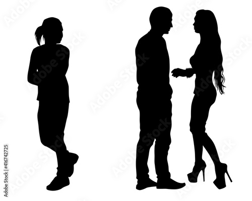 Young man and woman walking at street. Isolated silhouette on a white background