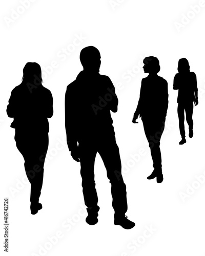 Young man and woman walking at street. Isolated silhouette on a white background