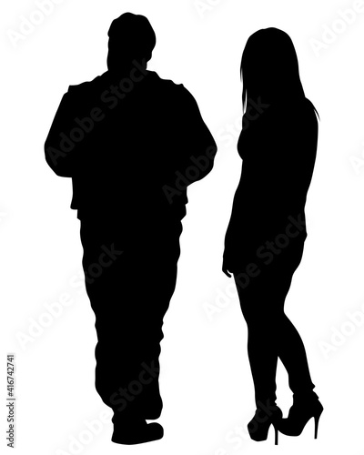 Young man and woman walking at street. Isolated silhouette on a white background