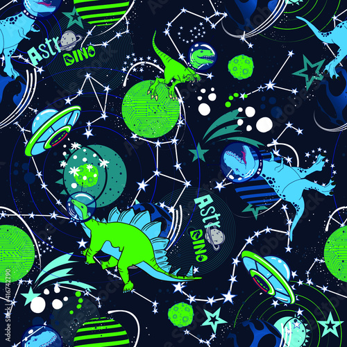 Dinosaurs in space hand drawn color vector seamless pattern.  Sketch  Jurassic reptiles. print for textiles, clothes, t-shirts, wrapping paper and more
