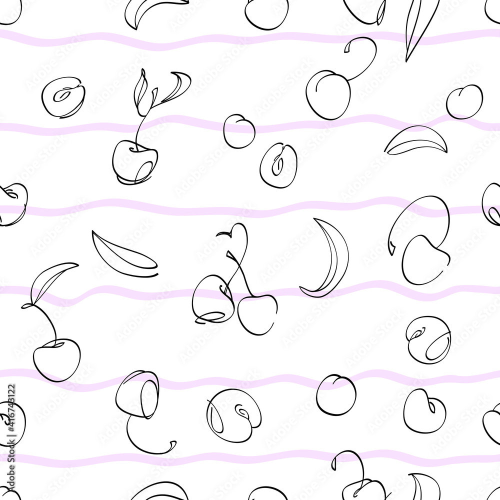 Berries cherry sweet on a white background. Contour draw. Vector illustration. Seamless pattern for design. Berries cherry sweet on a white background. Contour draw. Vector illustration. Seamless pattern for design.