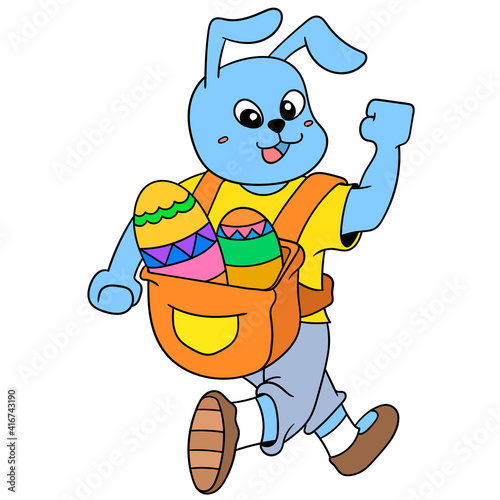 Rabbit walking happily celebrating Easter carrying a bag filled with decorative eggs, doodle icon image kawaii