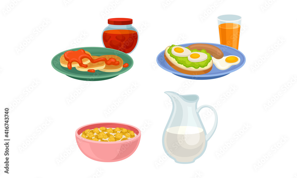 Breakfast with Pancakes, Sandwich and Corn Flakes with Milk in Bowl Vector Set