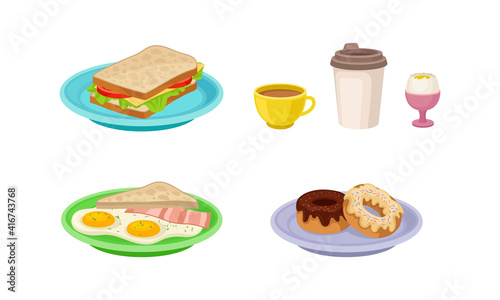 Breakfast with Sandwich, Sweet Doughnut and Scrambled Egg on Plate Vector Set