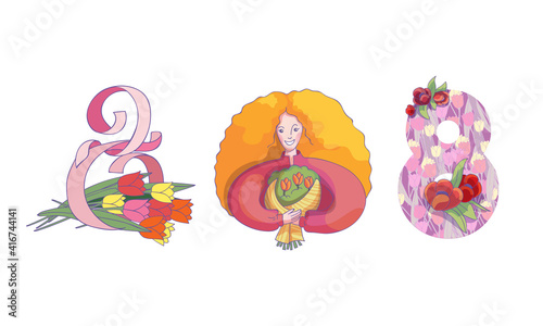 International Women s Day Holiday Attribute with Eight Number and Female Holding Bunch of Flowers Vector Set